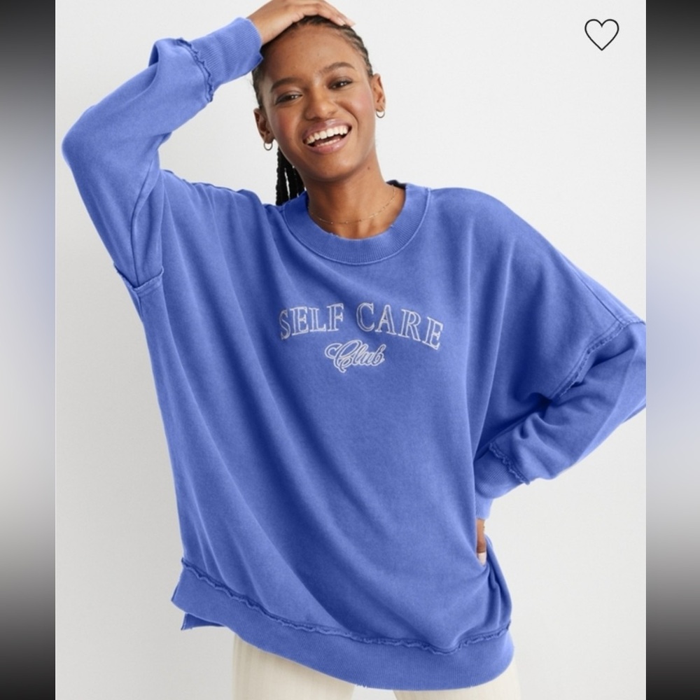 Aerie Self Care Club Sweatshirt‎ Blue Crewneck Womens Small distressed Cozy
